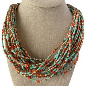 Beaded turquoise and orange multi strand necklace